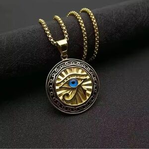 Eye of Horus Ancient Green Mythology Gold Medallion Pendant Necklace